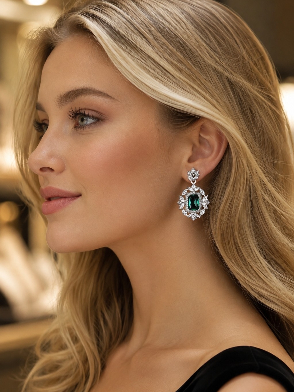 Emerald Green Crystal Statement Drop Earrings – Elegant Silver Tone - Picture 2 of 5